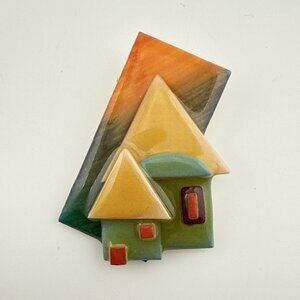 Vintage Lucinda House Pin Brooch by Lucinda Neutral Pastel Green Orange